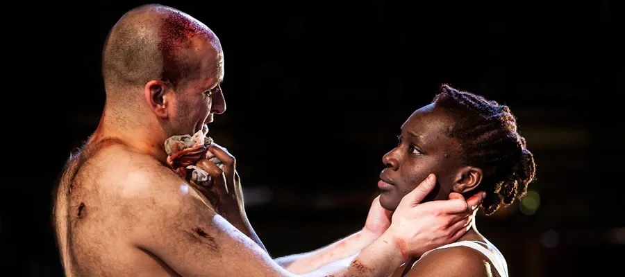 Ricky Champ as Josef the Fool (left) and Ony Uhiara as Lizaveta in Cannibals. 